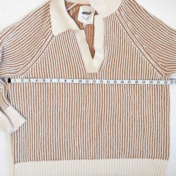 Aerie Striped Knit Collared Sweater Oversized Pullover Tan Long Sleeve Small - Picture 9 of 11